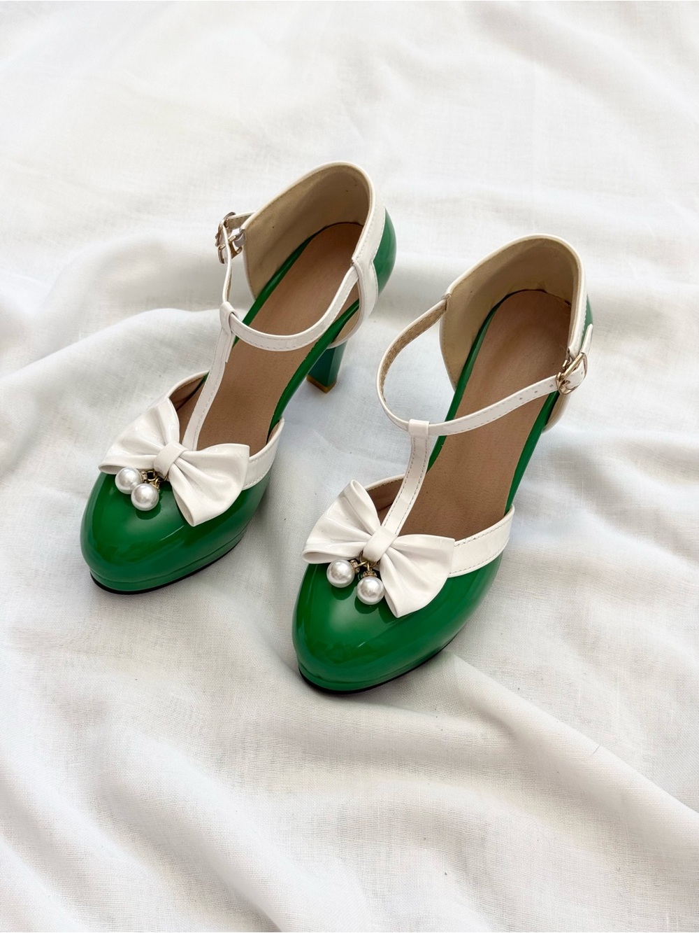 ✿ green bow pearl mary jane heels • coquette fairy kei dollcore